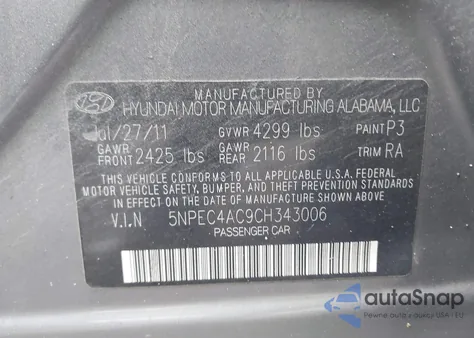 2012 Hyundai Sonata Se/Limited z USA, uszkodzony, nr VIN 5NPEC4AC9CH343006